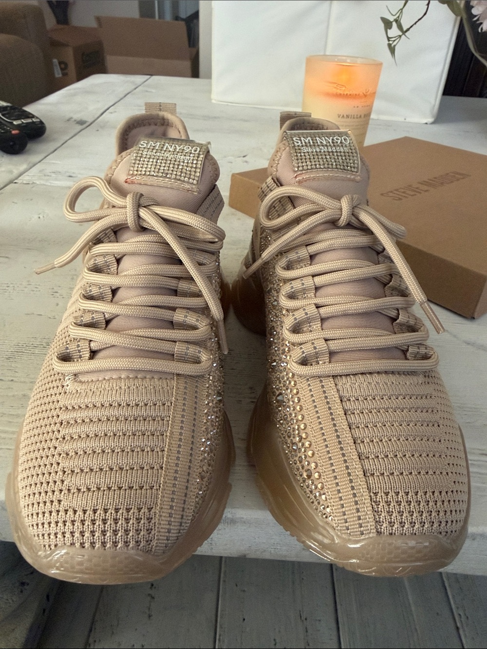 Steve Madden Blush Knit Sneaker with Rhinestone Tongue